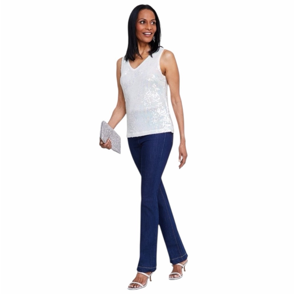 INC International Concepts White Iridescent V-Neck Sequin Tank Top - Size Large